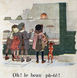 كتاب الأطفال "" سوف أقرأ - الأبجدية المنهجية والممتعة لأبي "" "1926. رسم لروبرت ساليس (1871-1929). "أوه! العجين اللطيف! " . يتوقف الأطفال الذواقة أمام نافذة مخبز. بواسطة روبرت ساليس