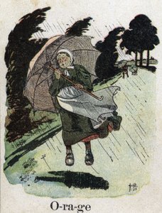 كتاب الأطفال "" سوف أقرأ - الأبجدية المنهجية والممتعة لأبي "" "1926. رسم لروبرت ساليس (1871-1929). "العاصفة": امرأة في المطر تأوي مع مظلتها. بواسطة روبرت ساليس