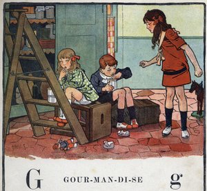 كتاب الأطفال "" سوف أقرأ - الأبجدية المنهجية والممتعة لأبي "" "1926. رسم لروبرت ساليس (1871-1929). Abecedary: حرف G كـ Gourmandise. فتاة وفتيان يأكلون الفاكهة المسكرة في الخفاء. بواسطة روبرت ساليس