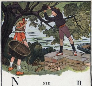 كتاب الأطفال "" سوف أقرأ - الأبجدية المنهجية والممتعة لأبي "" "1926. رسم لروبرت ساليس (1871-1929). Abecedary: الحرف N كعش. صبي يأخذ عشًا مبنيًا على شجرة. بواسطة روبرت ساليس