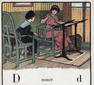 كتاب الأطفال "" سوف أقرأ - الأبجدية المنهجية والممتعة لأبي "" "1926. رسم لروبرت ساليس (1871-1929). Abecedary: الحرف D كاصبع. أم تشرح لابنها التطريز. بواسطة روبرت ساليس