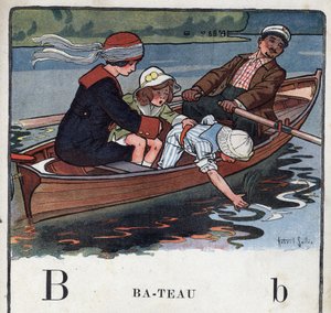 كتاب الأطفال "" سوف أقرأ - الأبجدية المنهجية والممتعة لأبي "" "1926. رسم لروبرت ساليس (1871-1929). Abecedaire: الحرف B على شكل قارب. عائلة في قارب تمشي. بواسطة روبرت ساليس