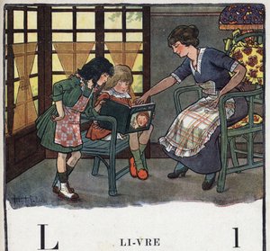 كتاب الأطفال "" سوف أقرأ - الأبجدية المنهجية والممتعة لأبي "" "1926. رسم لروبرت ساليس (1871-1929). Abecedary: حرف L ككتاب. أم تعلم ابنتها القراءة. بواسطة روبرت ساليس