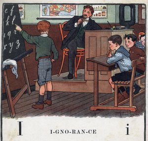 كتاب الأطفال "" سوف أقرأ - الأبجدية المنهجية والممتعة لأبي "" "1926. رسم لروبرت ساليس (1871-1929). Abecedary: الحرف الأول كجهل. صبي يتلو الحروف الأبجدية على السبورة. بواسطة روبرت ساليس