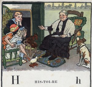 كتاب الأطفال "" سوف أقرأ - الأبجدية المنهجية والممتعة لأبي "" "1926. رسم لروبرت ساليس (1871-1929). Abecedaire: الحرف H كتاريخ. جدة تروي قصص أحفادها بالقرب من المدفأة. بواسطة روبرت ساليس