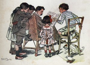 كتاب الأطفال "" سأقرأ - الأبجدية المنهجية والممتعة لأبي "" "1926. رسم لروبرت ساليس (1871-1929). والد الأسرة يعلم الأطفال القراءة. بواسطة روبرت ساليس