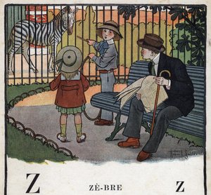 كتاب الأطفال "" سأقرأ - الأبجدية المنهجية والممتعة لأبي "" "1926. رسم لروبرت ساليس (1871-1929). Abecedaire: الحرف Z مثل Zebre. أطفال ، مع طوق ، ينظرون إلى حمار وحشي في حديقة حيوانات. بواسطة روبرت ساليس