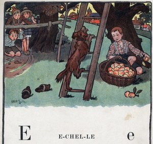 كتاب الأطفال "" سأقرأ - الأبجدية المنهجية والممتعة لأبي "" "1926. رسم لروبرت ساليس (1871-1929). Abecedary: الحرف E كمقياس. كلب يصعد إلى السلم ويقف أمام شجرة تفاح. بواسطة روبرت ساليس