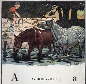 كتاب الأطفال "" سأقرأ - الأبجدية المنهجية والممتعة لأبي "" "1926. رسم لروبرت ساليس (1871-1929). Abecedary: الحرف A مثل مياه الشرب. حصانان يشربان الماء. بواسطة روبرت ساليس