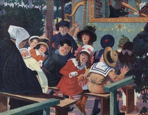 عرض الدمى: الأطفال في مسرح Guignol مشوشون بسبب بكاء طفل. رسم إيضاحي لروبرت ساليس (1871-1929) في "" Je sais Lire "". بواسطة روبرت ساليس