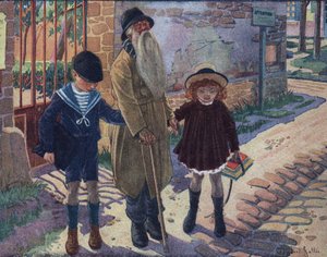 عصا الأعمى: طفلان يساعدان شيخاً أعمى على المشي. رسم إيضاحي لروبرت ساليس (1871-1929) في "" Je sais Lire "". بواسطة روبرت ساليس