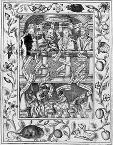 الخيميائيون الكبار يلهمون العمل في المختبر من Theatrum Chemicum Britannicum ، 1652