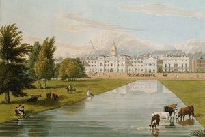 منظر لحرس الخيل وملبورن هاوس ، مأخوذ من حديقة سانت جيمس ، الحانة. 1821 شركة Colnaghi und Co. (aquatint)