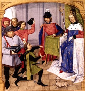 الفرنسي kinf Philip V (1293-1322) يتلقى الضرائب والإضاءة بواسطة Robinet Testard من "Grandes Chroniques de France" 1471