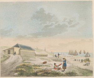 الشاطئ في Scheveningen ، حوالي 1825 منظر للشاطئ والكثبان الرملية في Scheveningen وتمثيل حمام السيد برونك / Vue du rivage et des dunes a Scheveninge et تمثيل des Bains appartement à mons.r Pronk (العنوان على الكائن)
