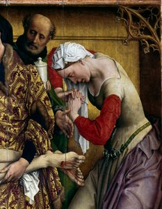 ترسب أو نزول الصليب. تفاصيل سانت ماري مادلين. Rogier Altarpiece (روجر) فان دير وايدن (1400-1464) 1435 ديم. 2،20 × 0،35 م مدريد ، متحف برادو - الترسب أو النزول من الصليب. تفاصيل القديسة مريم المجدلية. مذبح بواسطة روجير فان دير ويدين