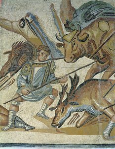 معركة بين المصارعون والحيوانات ، تفاصيل مصارع يهاجم ثورًا ، 320 م (فسيفساء) بواسطة رواية