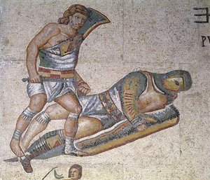 معركة بين المصارعون ، تفاصيل مصارع يعلق آخر على الأرض ، 320 م (فسيفساء) بواسطة رواية