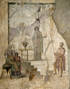 Cassandra prophecies the fall of Troy, her father Priam, sitting left, her brother Paris, holding the apple of Discord and a warrior leans his spear (probably Hector) - Fresco بواسطة رواية