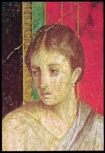 تفاصيل رأس الأم الجالسة ، من مشهد التعليم المسيحي ، الجدار الشمالي ، Oecus 5 ، 60-50 قبل الميلاد فريسكو انظر أيضًا 20015 بواسطة رواية