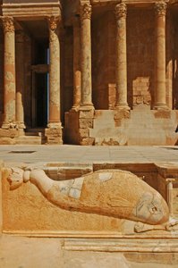 Dolphin carving in front of stage, Sabratha, Libya, c.190 AD بواسطة رواية