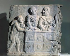 Fragment of sarcophagus depicting moneychanger, from Rome, Viale del Re بواسطة رواية