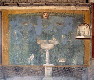 Fresco with fountain, mask and birds, House of Venus in Shell, Pompeii (Unesco World Heritage List بواسطة رواية