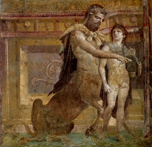 Greek mythology: the centaur Chiron and Achilles child. Fresco from the Basilica of Herculanum (Basilica di Ercolano). Roman Art Naples, Museo Archeologico Nazionale - Greek mythology: the centaur Chiron and Achilles child or the Education of Achilles by C بواسطة رواية