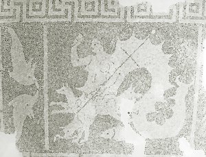 فسيفساء الهلنستية حصاة من Scylla و Charybdis تحرس المضيق ، تفاصيل Scylla. بيت ديونيسوس ، بافوس ، فسيفساء قبرص بواسطة رواية