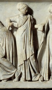 La muse Calliope, detail of the Sarcophagus des Muses: representation of the muses deesses of arts and letters. Marble sculpture. 150 AD. Paris, Louvre Museum. بواسطة رواية