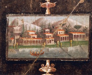 Landscape and architecture in wall painting in tablinum, House of Marco Lucrezio Fronto, Pompeii , Campania, Roman Civilization بواسطة رواية