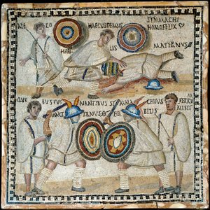 فسيفساء تصور القتال بين متعادلين يدعى Simmachius و Maternus ، الروماني ، القرن الثالث الميلادي بواسطة رواية