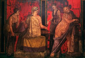 Priestess and a silenus playing a lyre, scene from the Initiation to the Dionysiac mysteries, Triclinium of the Villa of the Mysteries, Pompeii (UNESCO World Heritage List بواسطة رواية