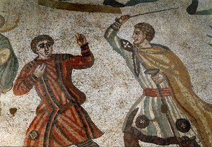 الفن الروماني: تفاصيل فسيفساء "الصيد العظيم" "أرستقراطي روماني يعاقب أحد عبيده بعصا. 315-350 م. ساحة أرميرينا ، فيلا رومانا ديل كاسالي بواسطة رواية