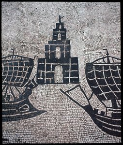 الفن الروماني: "" Lighthouse and Ships "" فسيفساء شركة des gens de la Mer، Place des Corporations بواسطة رواية