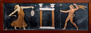 الفن الروماني: "" رقصة ميناد وساتير بالقرب من معبد صغير "" ماركيتري من بومبي. خافت. 23x67 سم Museo Archeologico Nazionale ، نابولي بواسطة رواية