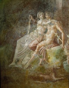 الفن الروماني: "" Venus et Mars "" "لوحة جدارية من منزل عازف الجيتار في بومبي. النمط الثالث. حجم 253x150 سم المتحف الأثري الوطني ، نابولي بواسطة رواية