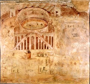 الفن الروماني: "" صراع عنيف بين سكان Nocera و Pompeians في مدرج بومبي في 59 بعد الميلاد "تفاصيل لوحة جصية. القرن الأول الميلادي. من موقع بومبي. نابولي ، Museo Archeologico Nazionale بواسطة رواية