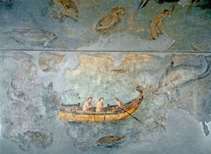 Roman Art: “” fishermen on a boat””” Fresco from a house located near a river port of Rome. 131 AD. Rome, Museo Nazionale Romano (o delle Terme) بواسطة رواية