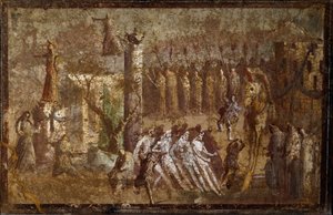 الفن الروماني: "" Tabula Iliaca "دخول حصان طروادة. يسحب حصان طروادة الحصان إلى الجدران بينما يحاول كاساندر معارضتهم. فريسكو من بومبي. نابولي ، Museo Archeologico Nazionale بواسطة رواية