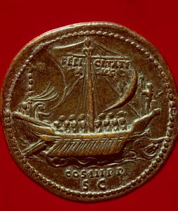الفن الروماني: عملة للإمبراطور هادريان (أو أدريان) (76-138 م) تمثل إمبريالي جاليري. 119 م. باريس ، ب. بواسطة رواية