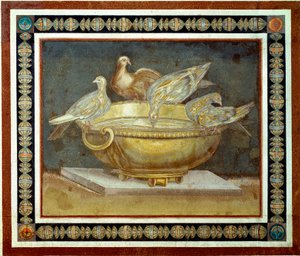 الفن الروماني: أربع حمامات تشرب ينبوعًا. فسيفساء قادمة من Villa Adriana (Villa d'Hadrian أو Villa Hadrienne) في تيفولي. القرن الثاني بعد JC. روما ، متحف الكابيتوليني - الفن الروماني: أربع حمامات تشرب من حوض ذهبي. فسيفساء من فيلا Adriana (H بواسطة رواية