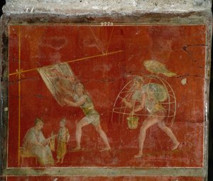 الفن الروماني: مشهد "" فولونيكا "" أو فقي "" يمثل تنظيف الملابس. فريسكو من فيلا Fullonica stephani (La fullonica de Stephanus) في بومبي ، والتي كانت تستخدم كغسيل وصباغة. لوحة من القرن الأول الميلادي. متحف نابولي بواسطة رواية