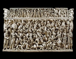 Roman art: scene of battles between Roman warriors and barbarians during the Marcoman (or Marcomannic) wars. Relief of the sarcophagus called Portonaccio of a general of Marc Aurele. 180-190. Rome, Museo Nazionale Romano (o delle Terme) بواسطة رواية