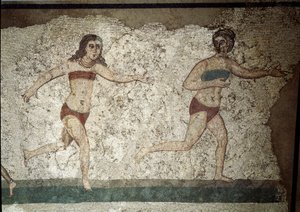 الفن الروماني: يمارس الشباب الروماني تمارين بدنية. يرتدون مئزر حول الكليتين وستروفيوم (ancetre of the bra) على الصدر. تفصيل فسيفساء 315-350 م. ساحة أرميرينا ، فيلا رومانا ديل كاسالي بواسطة رواية