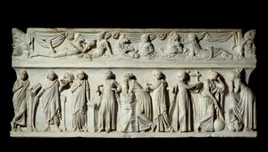Sarcophagus des Muses: تمثيل آلهة الفنون والآداب. نحت الرخام. 150 م. باريس ، متحف اللوفر. بواسطة رواية