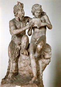Statuette of the god Pan teaching the flute has his eromene, the shepherd Daphnis 1st century BC. Roman marble sculpture after a Greek original. National Archaeological Museum of Naples - Pan and Daphnis (or Olympus). Roman copy after a Hellenistic sculptu بواسطة رواية