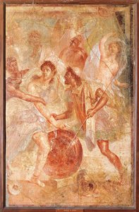 Ulysses and Diomedes recognizing Achilles disguised as the female Pyrrha among the Daughters of Lycomedes at Skyros, from Pompeii (fresco) بواسطة رواية