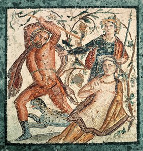 Lycurgus يهاجم حورية Nymph Ambrosia ، فسيفساء من Herculaneum (50-79 م)
