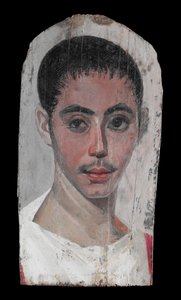 صورة لشاب بقطع جراحي في عين واحدة ، 190-210 بعد الميلاد (طلاء مغلف على خشب الجير) بواسطة الفترة الرومانية المصرية